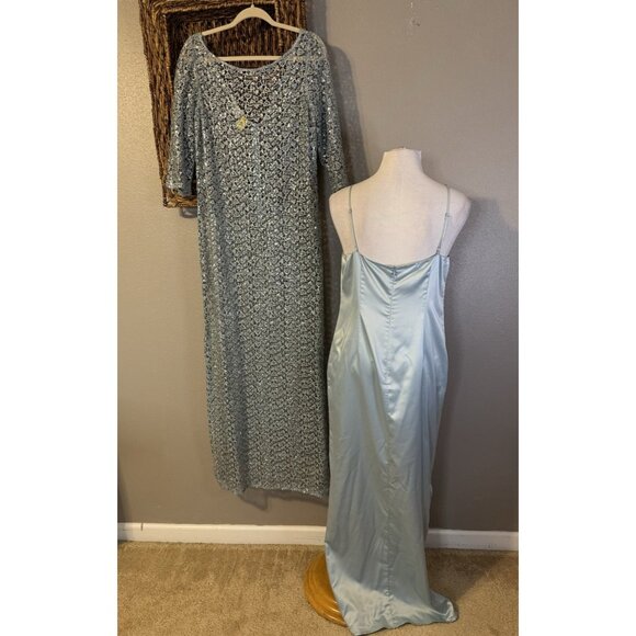 Kay Unger Formal Dress 14 Blue Silver Sequin Long Wedding Party Cruise Holiday - Picture 3 of 16